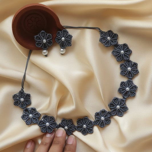 floral necklace daisy earrings flower necklace stud earrings grey necklace set grey earrings pearl earrings pearl necklace