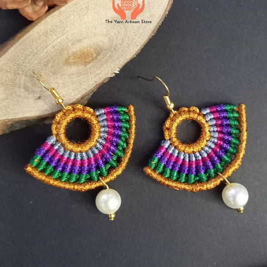 semicircular macrame dangler earrings with multiple colours and pearl beads