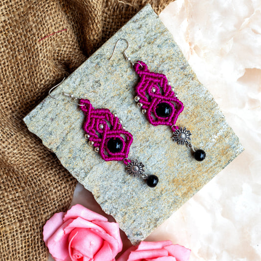 macrame statement dangler earrings with silver charms and beads