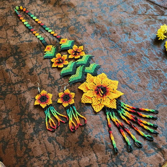 bead necklace flower necklace 3D necklace leaf green leaves haldi necklace set flower earrings yellow necklace