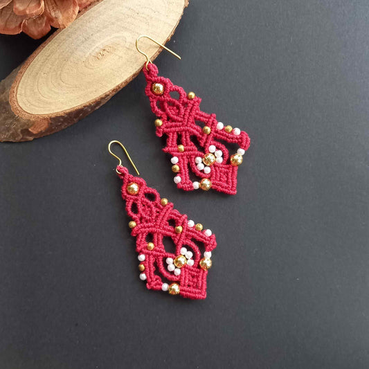 micromacrame bead dangler earrings with gold and pearl beads