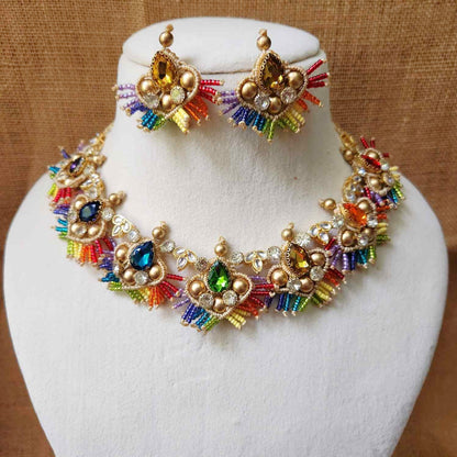stone necklace rainbow macrame necklace set gold necklace bead necklace ethnic necklace party wear sangeet haldi wedding