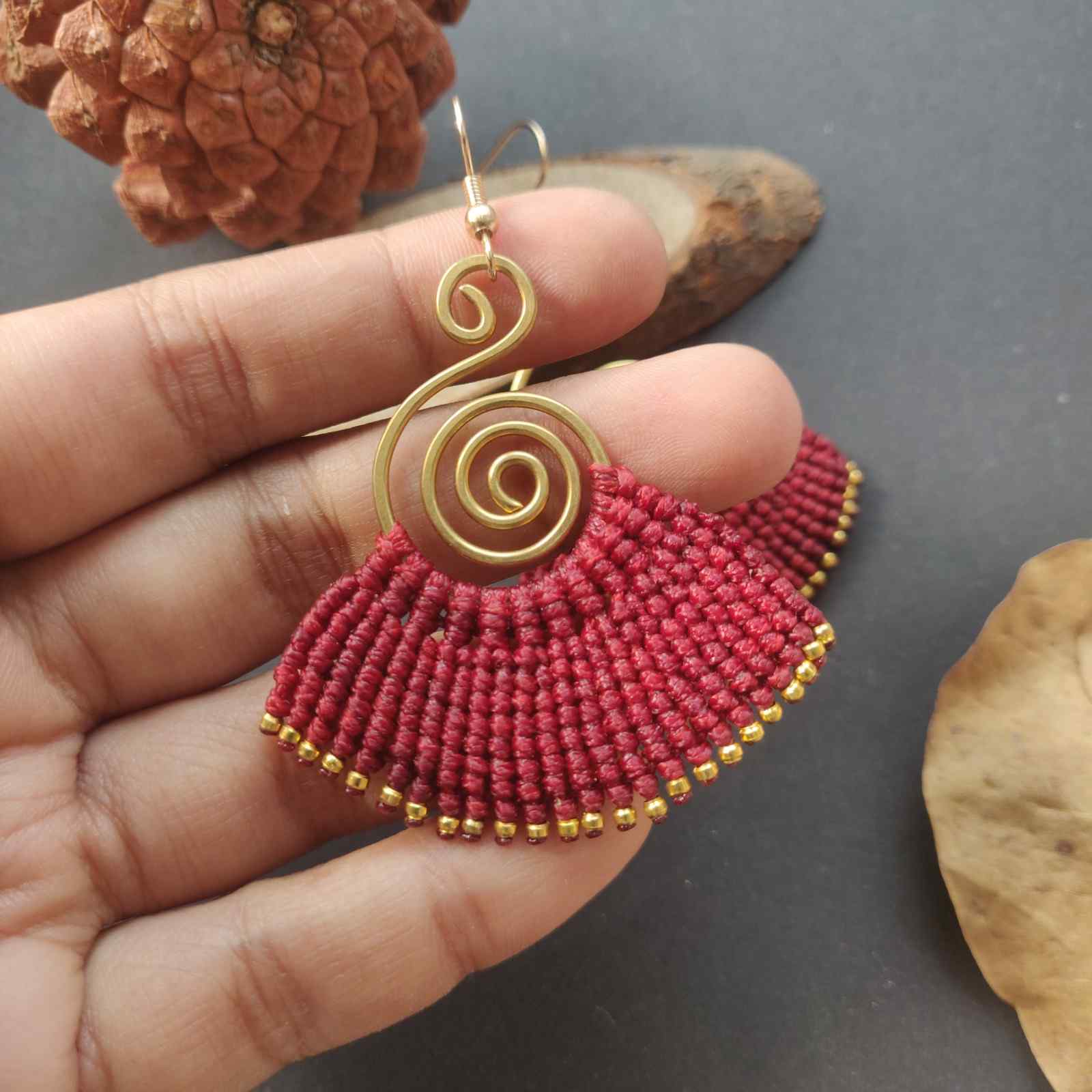 brass earrings macrame earrings maroon earrings party wear earrings gold earrings