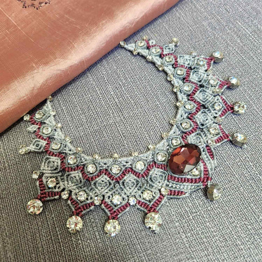 silver necklace burgundy cocktail necklace reception jewellery clubbing necklace stone necklace evening wear jewellery