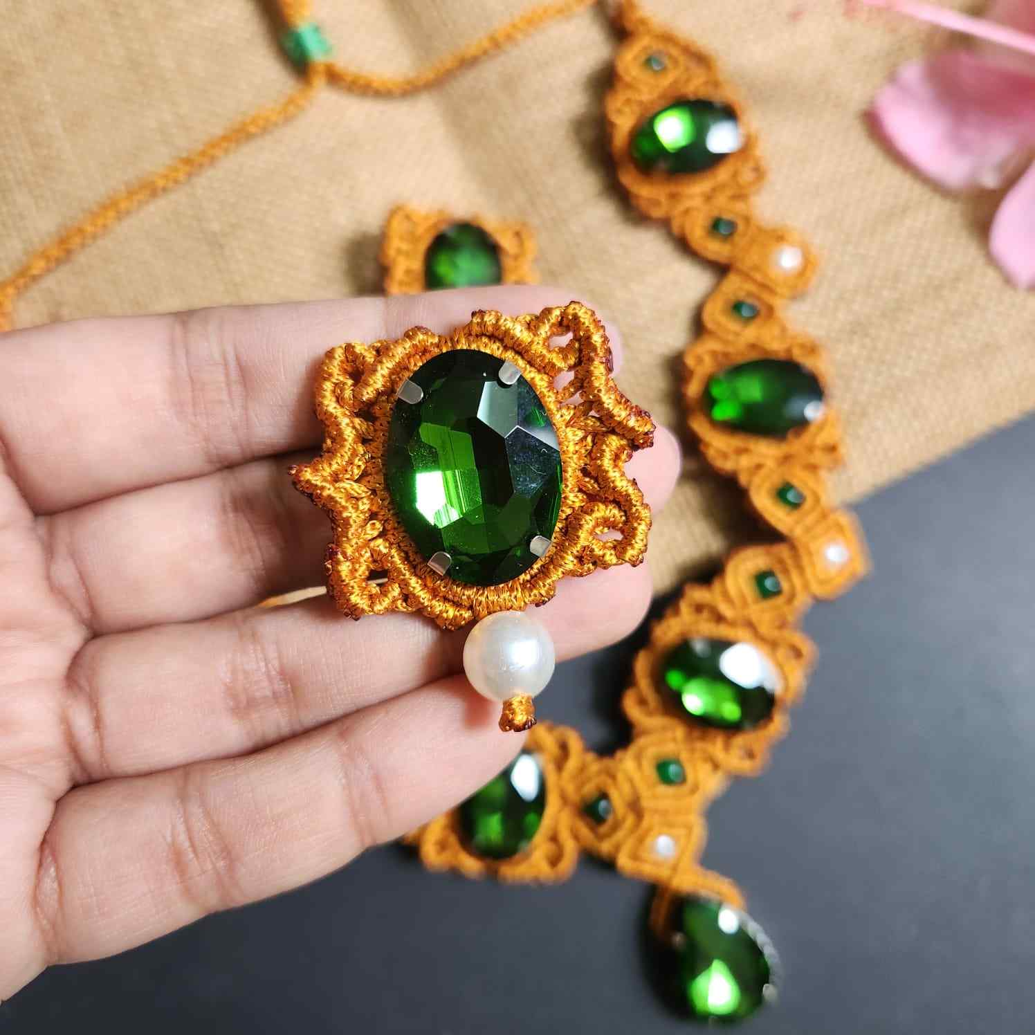 green stone gold macrame necklace victorian necklace party wear wedding jewellery statement engagement
