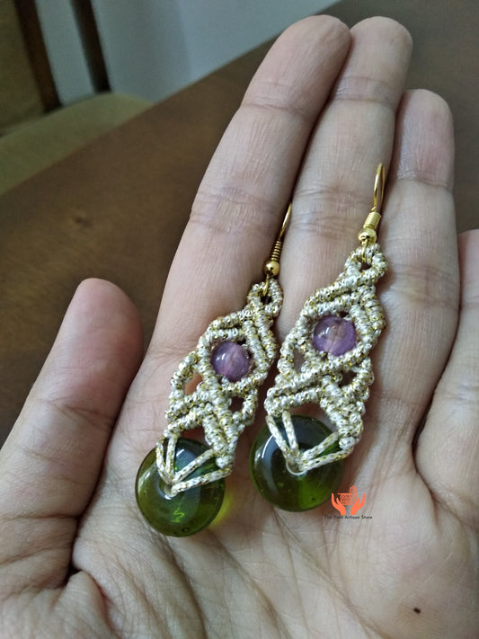 macrame dangler earrings with green doughnut beads