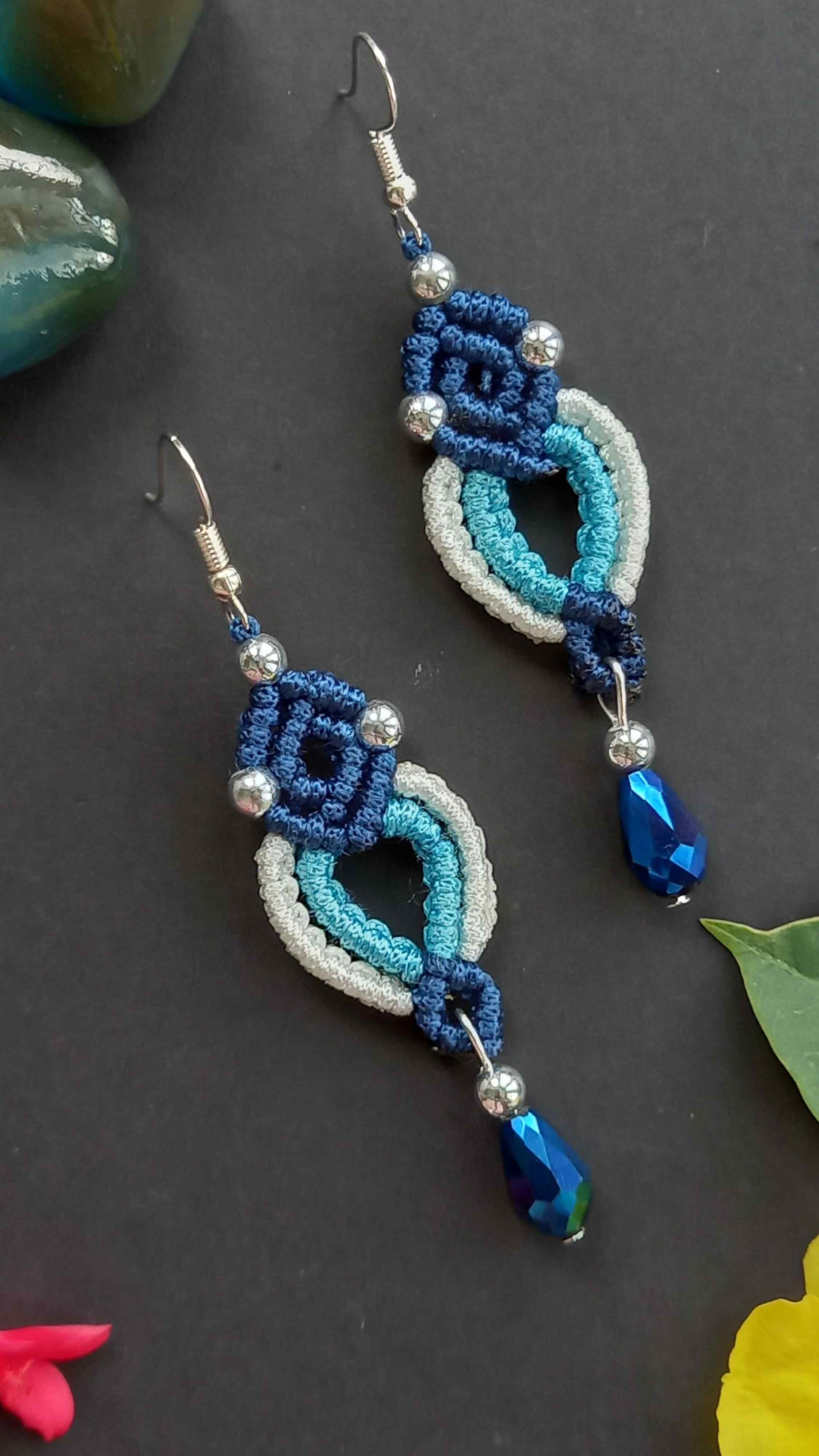 Macrame Mirror Work Mandala Necklace and Earrings Set in Blue and White