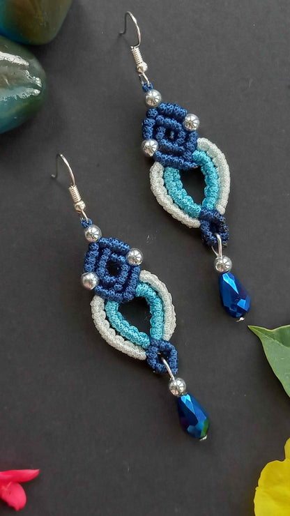 Macrame Mirror Work Mandala Necklace and Earrings Set in Blue and White
