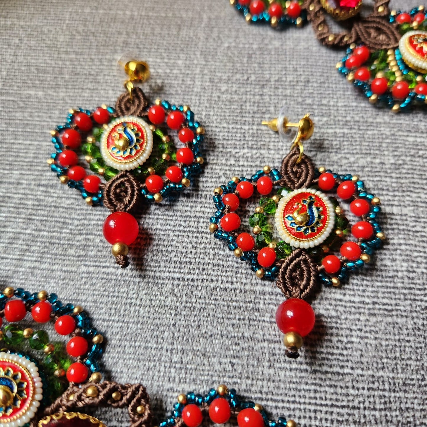 grand reception jewellery seed bead necklace red necklace peacock design stone necklace cocktail party necklace set evening