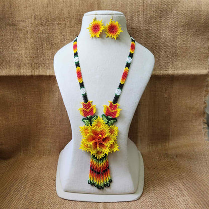 bead necklace flower necklace 3D necklace layer haldi necklace set flower earrings yellow orange necklace