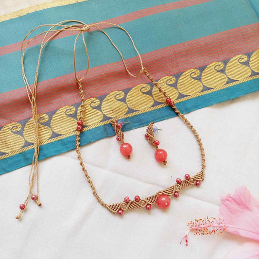 macrame bead necklace stud earrings set in beige with pink agate stone beads