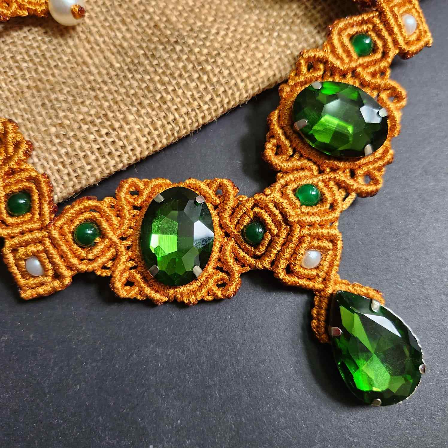 green stone gold macrame necklace victorian necklace party wear wedding jewellery statement engagement