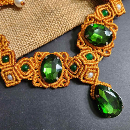 green stone gold macrame necklace victorian necklace party wear wedding jewellery statement engagement