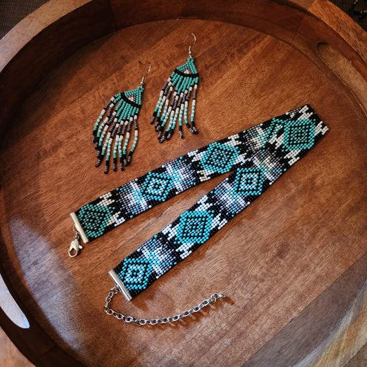bead loom necklace choker necklace geometric design hair band choker seed bead earrings dangler earrings