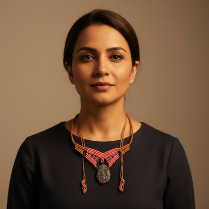 V shaped macrame necklace with grey ceramic sculpted focal bead