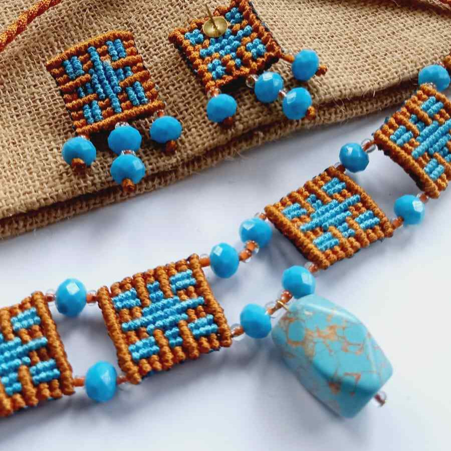 mustard and turquoise cavandoli choker set with turquoise stone pendant and matching stud earrings