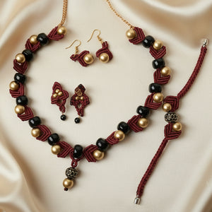 macrame necklace maroon necklace gold bead necklace black bead necklace stud earrings dangler bead bracelet necklace set