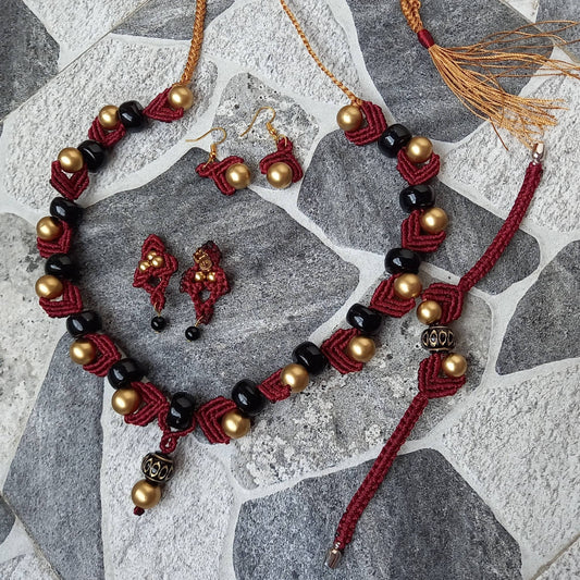 macrame necklace maroon necklace gold bead necklace black bead necklace stud earrings dangler bead bracelet necklace set