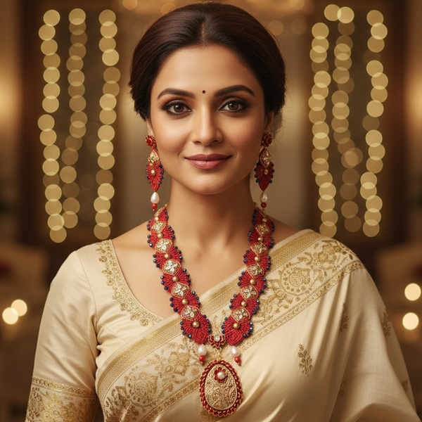 wedding jewellery red necklace karwa chauth wedding bridal necklace set pearl earrings stud danglers party wear jewels