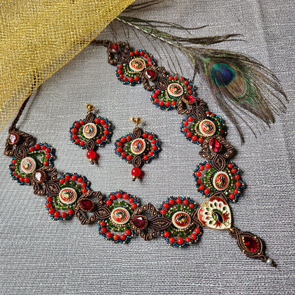 grand reception jewellery seed bead necklace red necklace peacock design stone necklace cocktail party necklace set evening