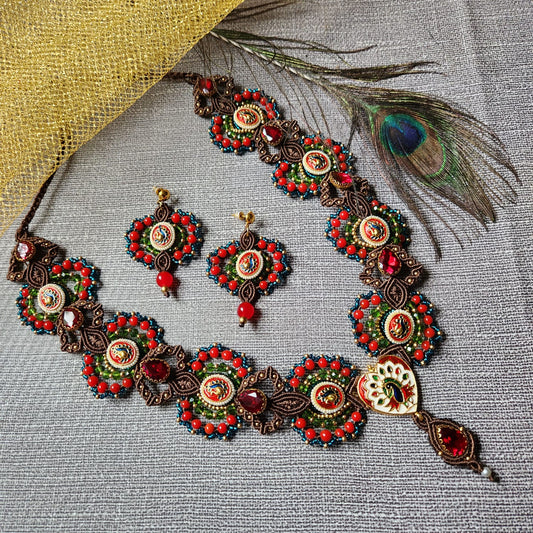 grand reception jewellery seed bead necklace red necklace peacock design stone necklace cocktail party necklace set evening
