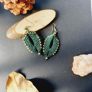 green leaf earrings bead macrame earrings brass bead leaf earrings casual earrings