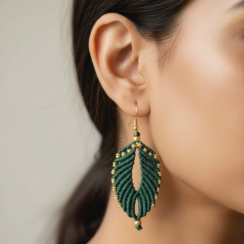 Taruni green brass bead macrame earrings
