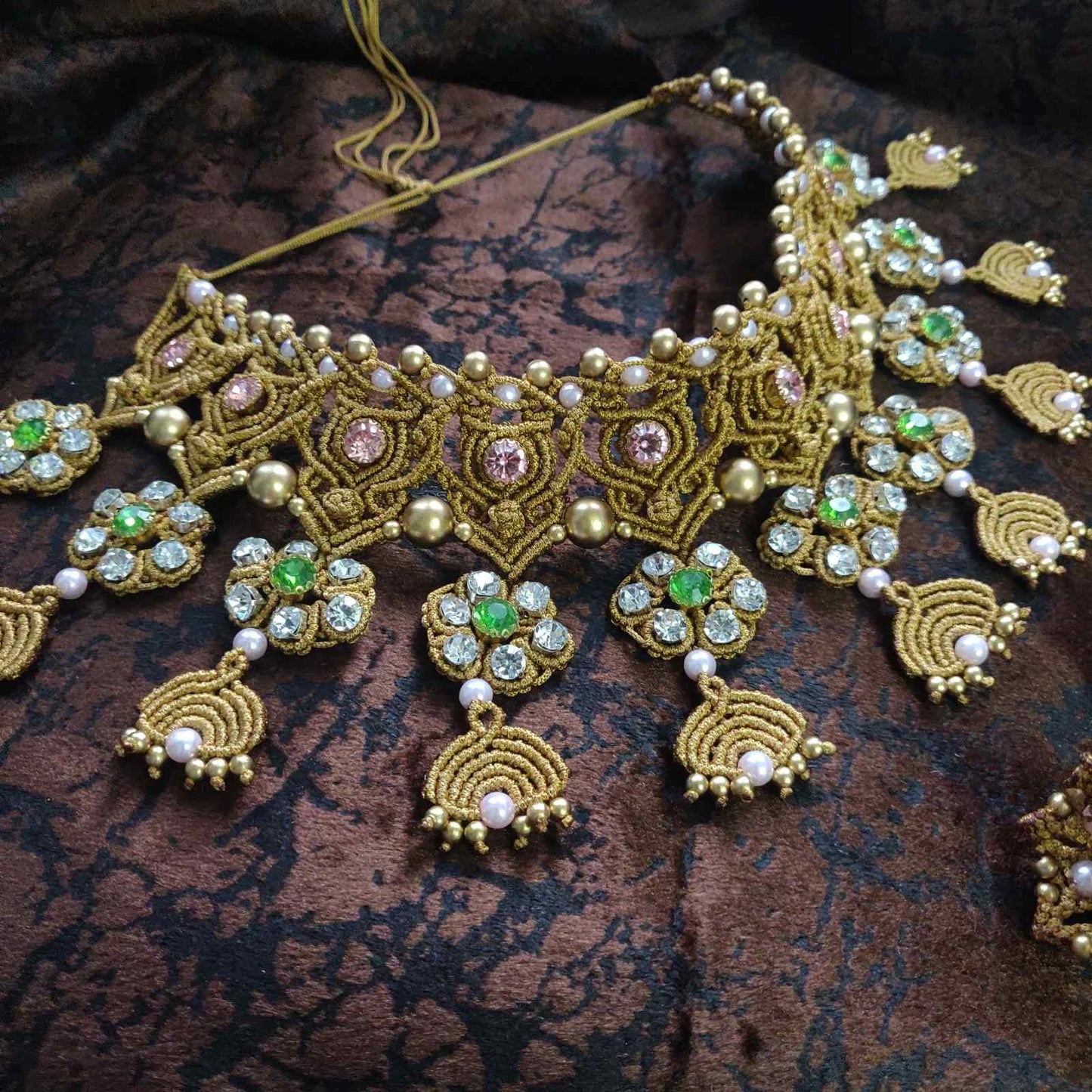 bridal necklace set wedding jewellery handmade necklace macrame floral necklace pink stone green stone white stone necklace