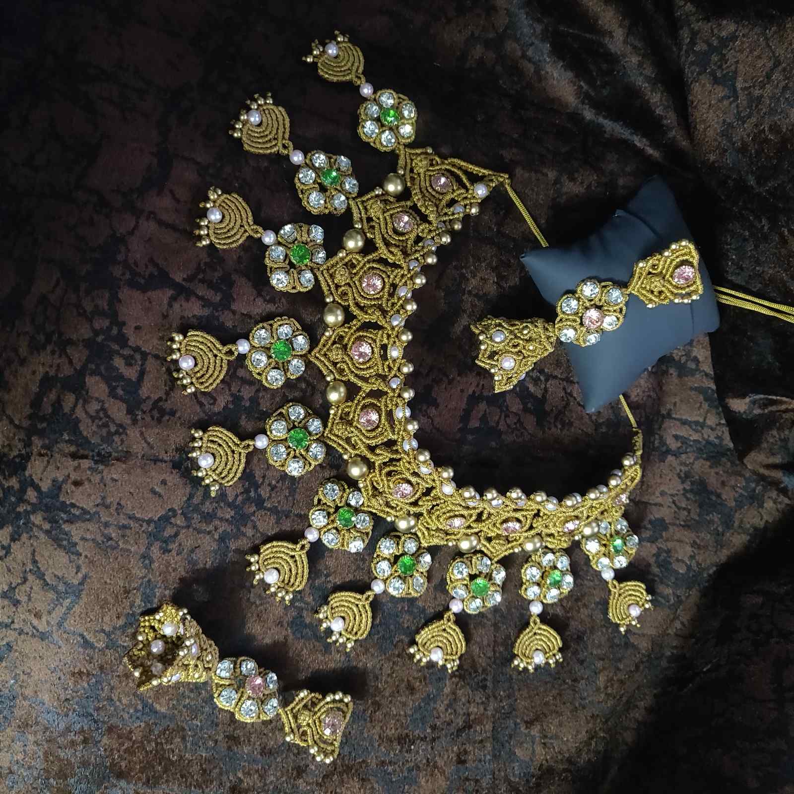 bridal necklace set wedding jewellery handmade necklace macrame floral necklace pink stone green stone white stone necklace