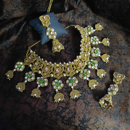 bridal necklace set wedding jewellery handmade necklace macrame floral necklace pink stone green stone white stone necklace