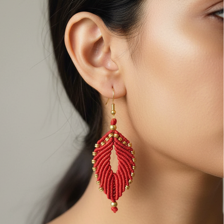 Taruni red brass bead macrame earrings