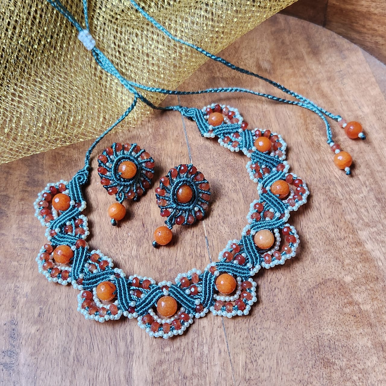 pearl necklace set stud earrings bead necklace orange round earrings semiprecious stone necklace earrings set party necklace
