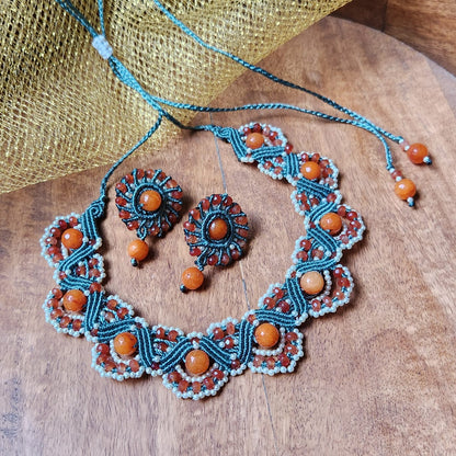 pearl necklace set stud earrings bead necklace orange round earrings semiprecious stone necklace earrings set party necklace