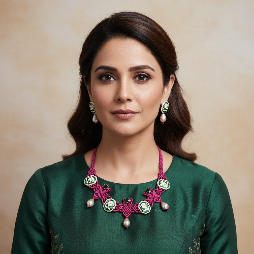 Ujjaini green lotus macrame necklace set