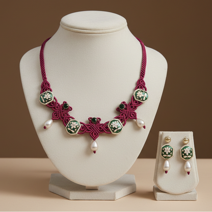 Ujjaini green lotus macrame necklace set