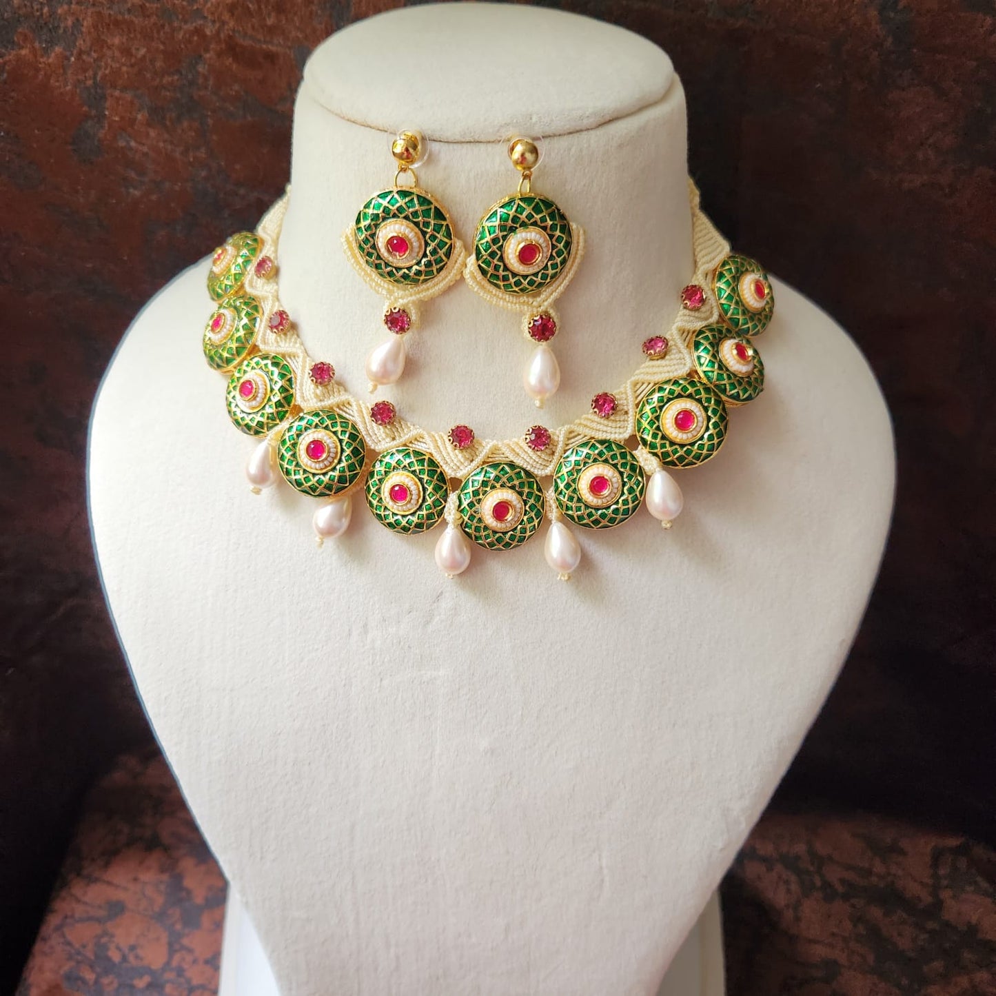 green meenakari necklace ruby necklace pearl necklace festive necklace party wear necklace stud earrings