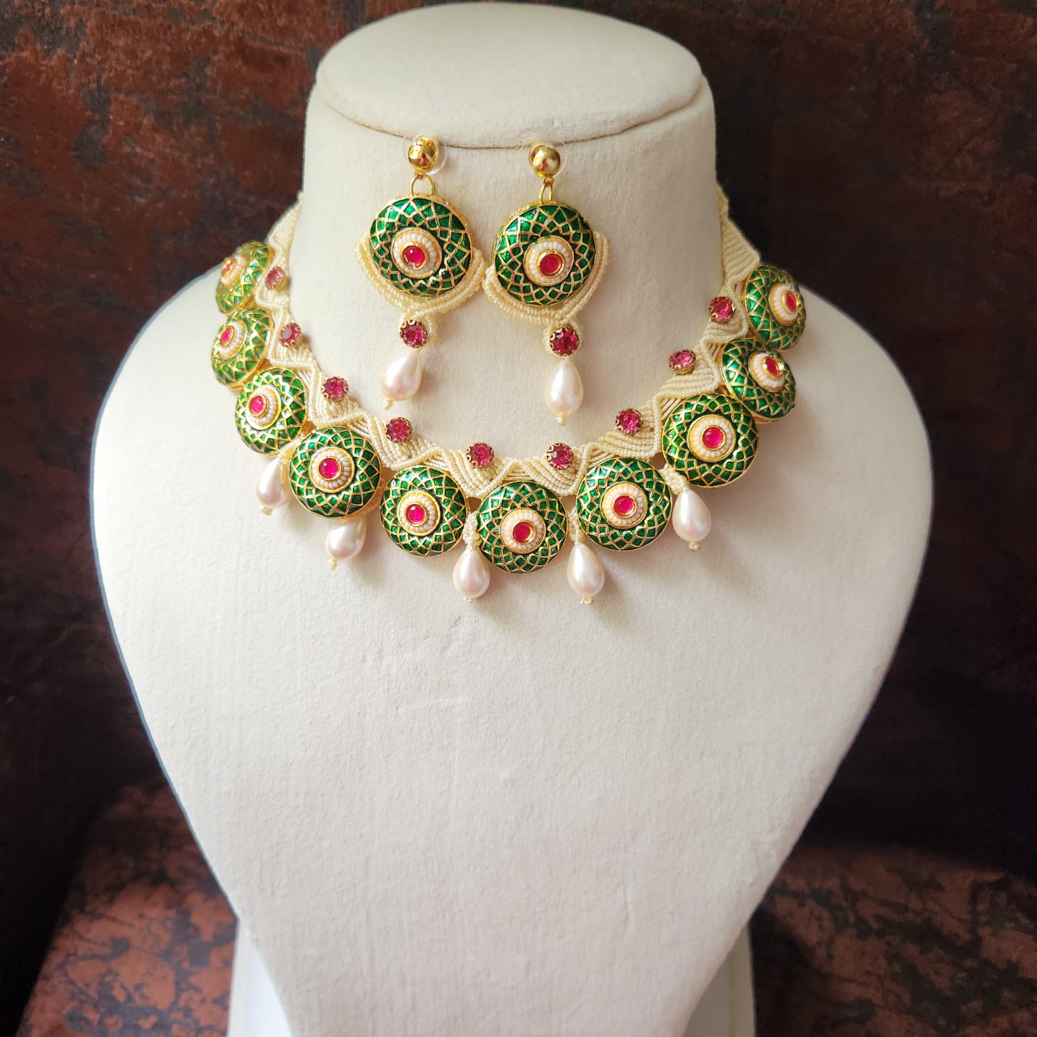 green meenakari necklace ruby necklace pearl necklace festive necklace party wear necklace stud earrings