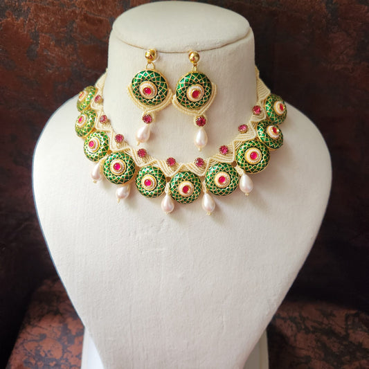 green meenakari necklace ruby necklace pearl necklace festive necklace party wear necklace stud earrings