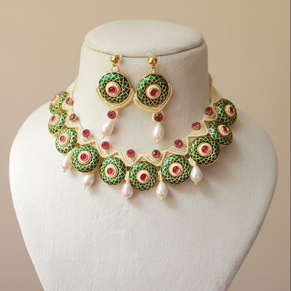green meenakari necklace ruby necklace pearl necklace festive necklace party wear necklace stud earrings