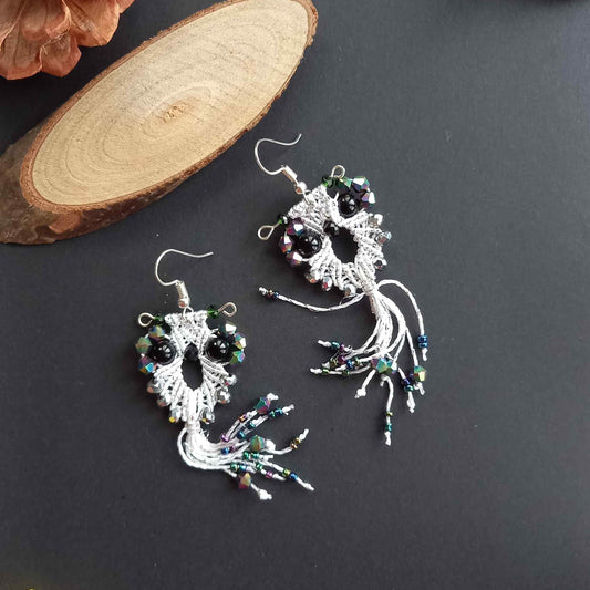 micro-macrame owl dangler earrings with bead embellished tail feathers