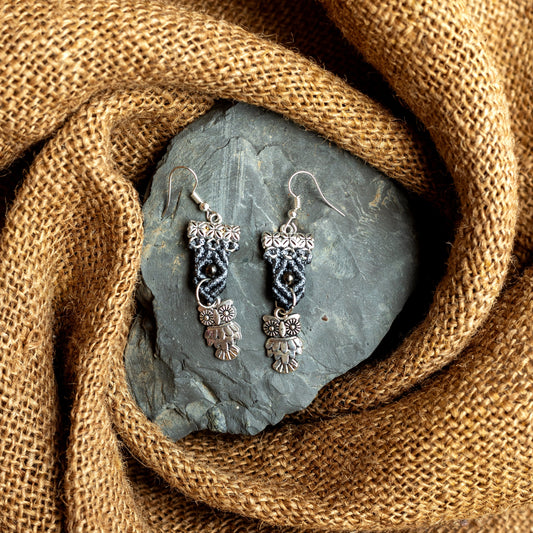 macrame bead earrings with owl charm