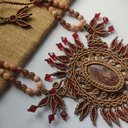 Brown and Maroon Macrame Statement Necklace with Jasper Centerpiece