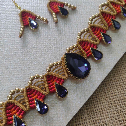 stone choker necklace set macrame choker set purple necklace red necklace orange necklace party necklace for plain saree