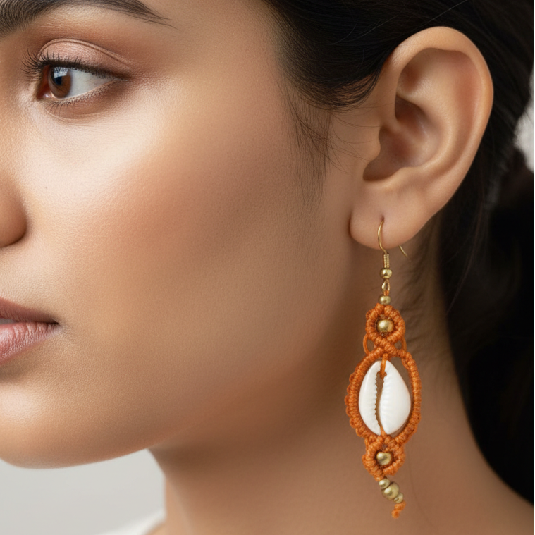 Sarit ochre cowrie macrame earrings