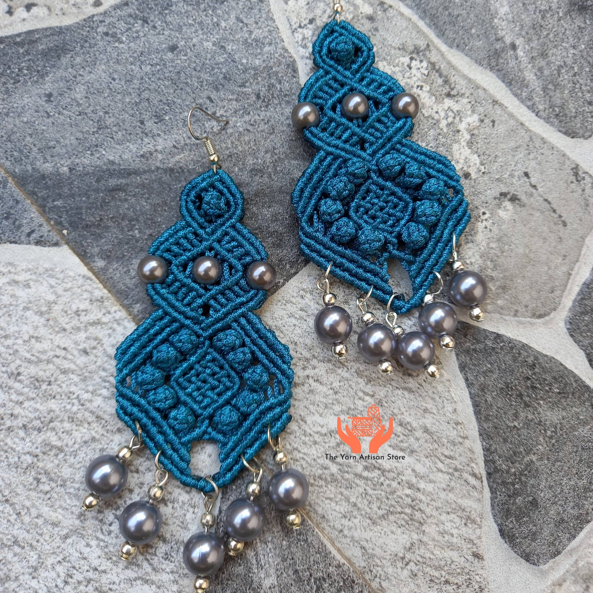 macramé long dangler earrings with blue-black pearls