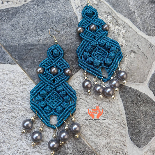 macramé long dangler earrings with blue-black pearls