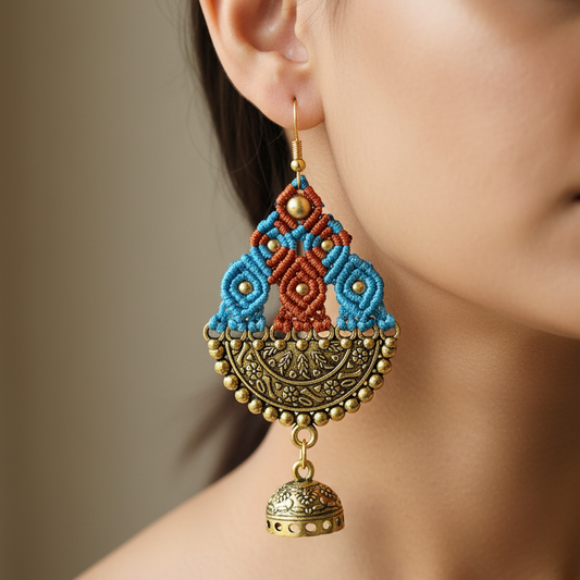 Ardha blue macrame jhumka earrings