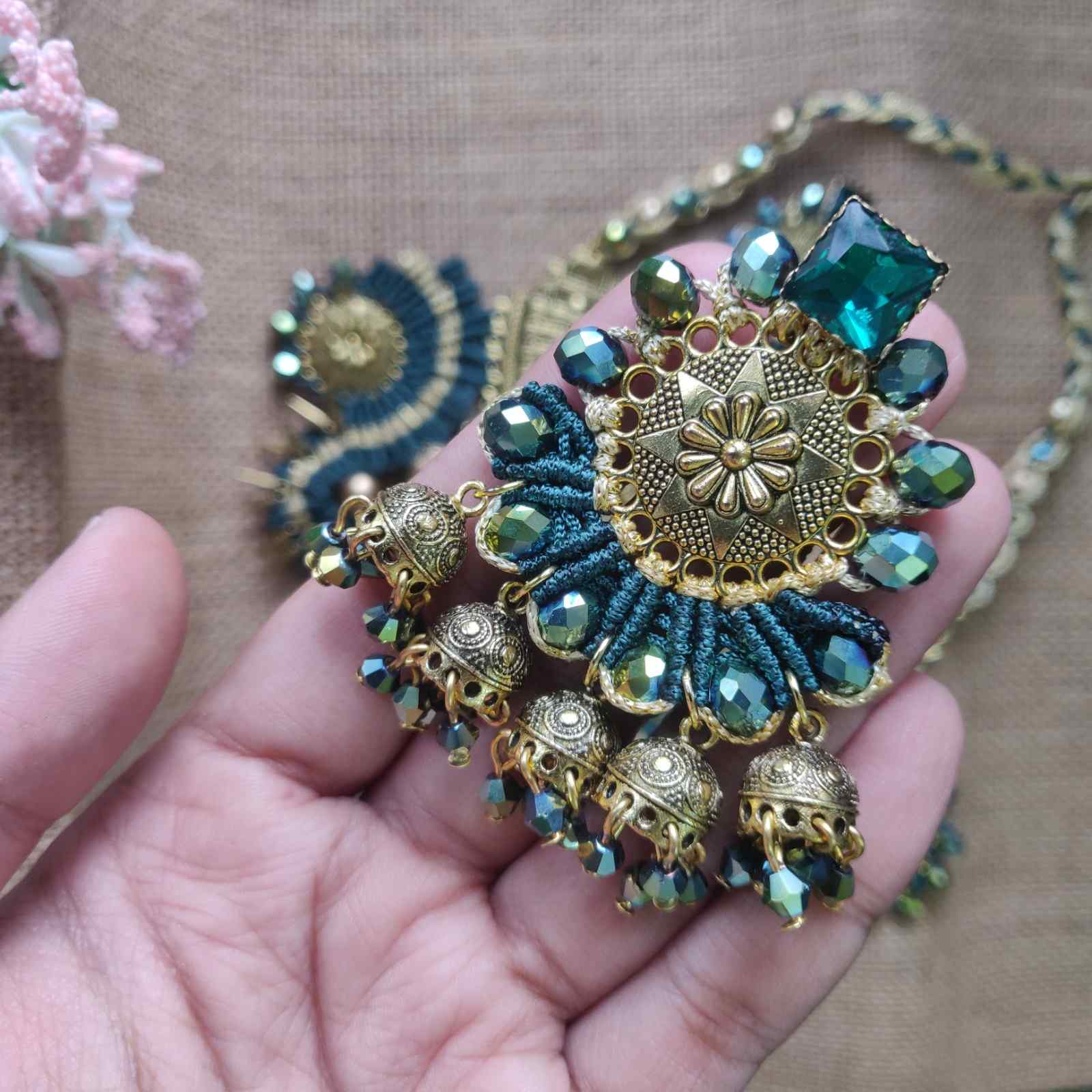 macrame collar style stone necklace and earrings set rama green necklace