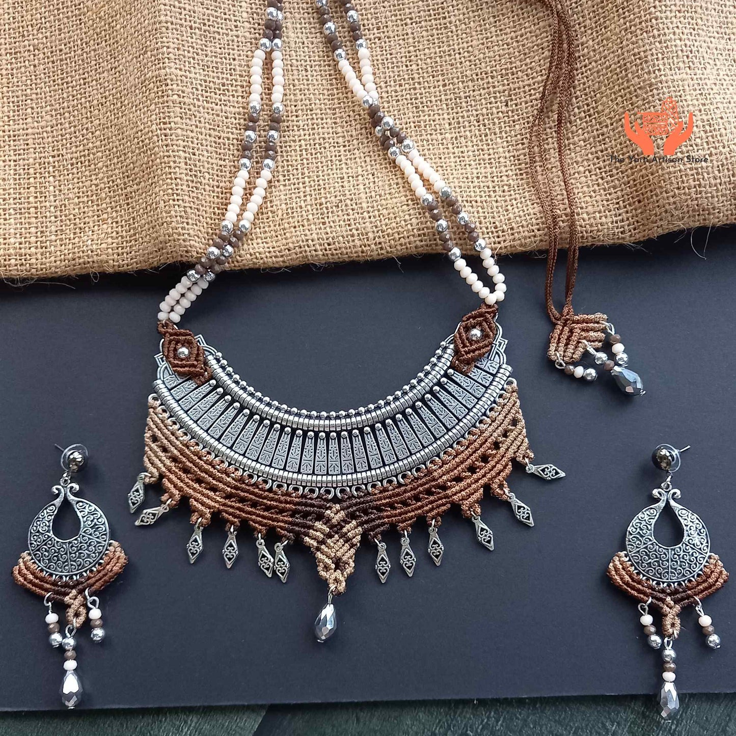 Macrame metal fusion necklace and chandbali dangler stud earrings set
