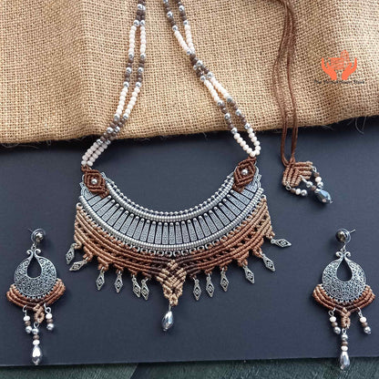 Macrame metal fusion necklace and chandbali dangler stud earrings set